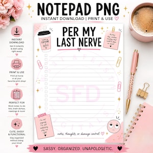 Puede incluir: Una plantilla de bloc de notas digital con el texto PER MY LAST NERVE, un gráfico de taza de café etiquetado como CAFFEINE & PETTY, dos notas adhesivas rosas con texto, una lista de verificación, espacio de escritura rayado y un icono de cara.