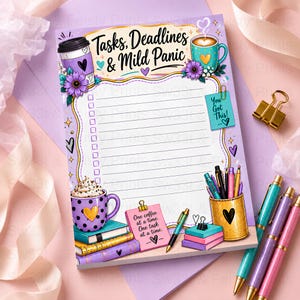 May include: A rectangular notepad with a light purple background featuring the text Tasks, Deadlines & Mild Panic at the top. The page includes lined sections for lists, illustrations of coffee mugs, books, pens, and sticky notes with text.