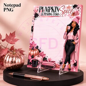 May include: A rectangular notepad featuring the text Pumpkin Spice & Pending Tasks, decorated with pink maple leaves, pumpkins, and a stack of books. An illustration of a person in a pink beanie and coat holds a coffee cup on the right side.