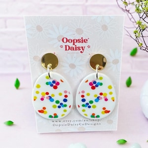 Rainbow Polka Dot Easter Egg Dangle Earring, red, blue, pink, yellow