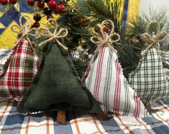 Homespun Fabric Christmas Tree Ornament, Cinnamon Stick Trunk, Primitive Decor, Fabric Tree with loop on top to hang