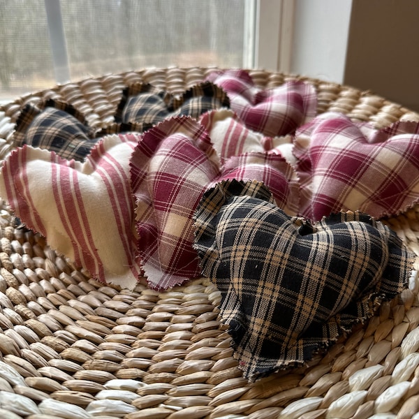 Heart Bowl Fillers/Farmhouse Heart bowl fillers/ Tiered Tray décor/ Valentine Hearts/Stuffed fabric Hearts/Homespun Hearts/Decorative Hearts