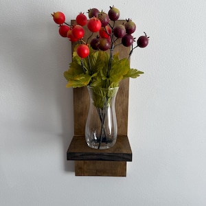 Rustic Wall Shelf with Glass Vase, Wooden Wall Hanging Vase Holder for flowers, Farmhouse Wall Decor, Minimalist Wood Shelf