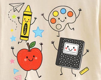 Back to School PNG, Cute School Supplies PNG, Teacher Shirt Design, Crayon Apple Pencil Notebook Graphic, Sublimation PNG, School Clipart