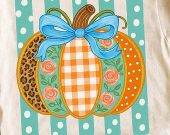 Striped Preppy Fall Pumpkin Glitter Png, Floral Pumpkin Bow PNG, Trending Cozy Season Png, Coquette Autumn Shirt Png, Pumpkin Spice Png
