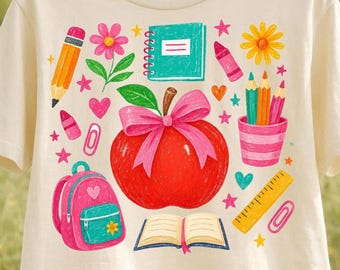 Back to School PNG, Cute School Supplies PNG, Teacher Shirt Design, Crayon Apple Pencil Notebook Graphic, Sublimation PNG, School Clipart