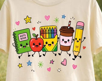 Back to School PNG, Cute School Supplies PNG, Teacher Shirt Design, Crayon Apple Pencil Notebook Graphic, Sublimation PNG, School Clipart