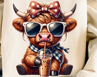 Coffee  Highland Cow PNG, Funny Coffee Quote Sublimation, Coquette Bow Cow Design, Coffee Lover Digital Download File, Cow Png for Shirts