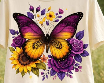 Butterfly Sunflower PNG, Purple Rose & Leopard Print Sublimation, Leopard Butterfly png, Gold Splatter png, Summer png, Butterfly png