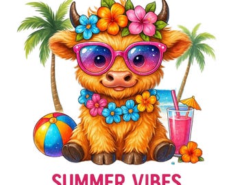 Baby Highland Cow Summer Beach Shirt PNG, Sublimation