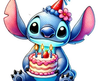 New Stitch birthday hat and balloons PNG, clipart Stitch PNG, transparent background , Cute Hawaiian, Clipart Good quality, instant download