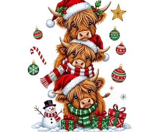Christmas Highland Cow Clipart Png, Christmas Png, Watercolor clipart, High Quality PNG,Digital download, Png designs for crafts Journals