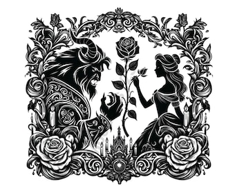 May include: Black and white silhouette illustration of Beauty and the Beast. The Beast is holding a rose and looking at Belle, who is holding a rose and looking at the Beast. The image is framed with ornate floral designs.