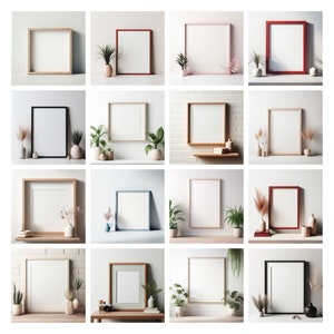 Könnte beinhalten: Eine Collage aus 12 verschiedenen Rahmen in verschiedenen Farben und Stilen, die jeweils eine leere Leinwand zeigen. Die Rahmen sind in einem Raster angeordnet und von Pflanzen und Dekorationsgegenständen umgeben.