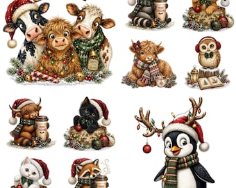 18 Christmas Animal Clipart Png Bundle, Christmas Png, Vintage Holiday Animals,Christmas Watercolor clipart, Festive Sublimation Designs