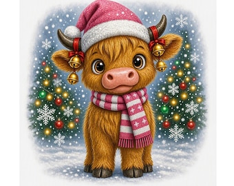 12 Christmas Highland Cow Clipart Png, Christmas Png, Watercolor clipart, High Quality PNG,Digital download, Png designs for crafts Journals
