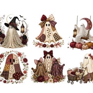 May include: A collection of six illustrations featuring ghosts with various patterns and accessories. One ghost wears a witch hat, another sits on a crescent moon swing, and one pushes a shopping cart. They are decorated with flowers, bows, and pumpkins.