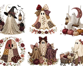 6 Vintage Halloween Ghost Png Bundle, 6 Coquette Patchwork Witch Sublimation Designs, Floral Spooky Shirt DTF, Digital Download
