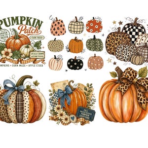 May include: A collection of pumpkin illustrations featuring various patterns including leopard print, plaid, polka dots, and floral designs. Some pumpkins are accented with blue bows, leaves, and text such as Pumpkin Patch and Fall Sweater Weather.