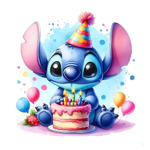 Stitch verjaardagshoed en ballonnen PNG, clipart Stitch PNG, transparante achtergrond, schattig Hawaiiaans, goede kwaliteit clipart, instant download