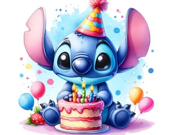 Stitch birthday hat and balloons PNG, clipart Stitch PNG, transparent background , Cute Hawaiian, Clipart Good quality, instant download