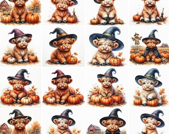 50 Highland Cow Fall Halloween Jpg Images Clipart, Highland Cow Bundle, Hyland Cow Bundle for Fall decorations, Halloween Png
