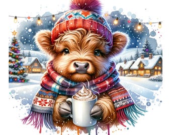11 Cute highland cow Christmas Png, christm clipart,hot cocoa design cozy winter fluffy cow xmas holiday highland cow PNG snowflakes digital