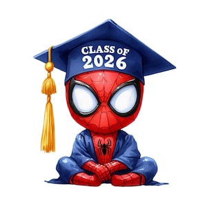 Op de afbeelding: Een cartoon illustratie van Spider-Man in een afstudeerhoed en toga. Het rood-blauwe Spider-Man-personage draagt een blauwe afstudeerhoed met de tekst "CLASS OF 2026". De kwast is goudkleurig. Het personage zit met gekruiste benen.