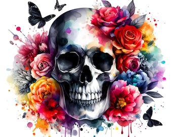 Imágenes prediseñadas de sublimación de calaveras florales, diseños de calaveras PNG, imágenes prediseñadas florales, flores, gráficos de polillas, fondo transparente, imágenes prediseñadas, descarga digital