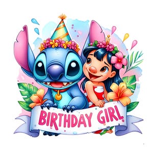 Stitch Birthday Girl Png,Ensemble d'images de haute qualité prêtes à imprimer,Téléchargement instantané,Format Png, Anniversaire Png,Bundle png,Png tendance