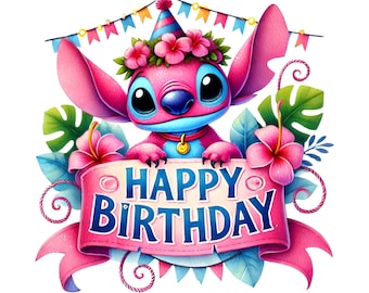 Feliz cumpleaños con Stitch rosa. Conjunto de imágenes de alta calidad listas para imprimir. Descarga instantánea. Formato PNG. PNG de cumpleaños. Paquete de PNG. Descarga digital.