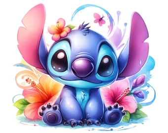 Acuarela de Stitch PNG: Diseño de flores tropicales (Descarga digital)