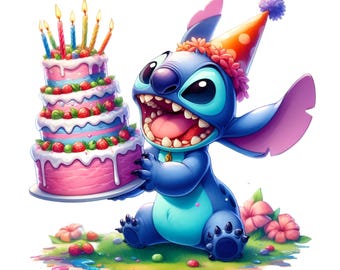 Stitch birthday hat and cake PNG, Stitch PNG,Transparent background, Birthday Tshirt design, High Quality Stitch Png Digital Download