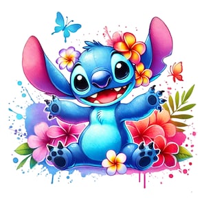 Stitch Splash en aquarel digitaal ontwerp png-bestand voor sublimatie - hoge resolutie - onmiddellijke digitale png-download, T-shirtontwerpen, steken