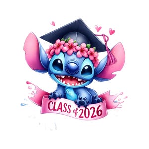 May include: A blue cartoon character wearing a graduation cap and a floral wreath. The character is smiling and has large eyes and ears. A pink banner below reads "CLASS of 2026". Pink hearts float in the background.