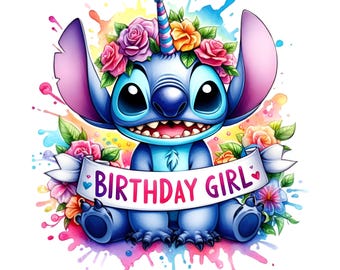 スティッチの誕生日の女の子のPng画像、印刷可能な高品質画像のセット、即時ダウンロード、Png形式、誕生日のPng、Pngバンドル、トレンドのPng