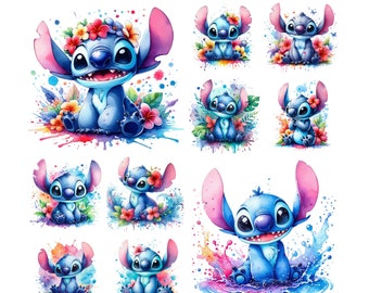 10 PNG Stitch Watercolor Digital design PNG file for sublimation - High Resolution,Instant Digital PNG Download, Tshirt designs,Birthday png