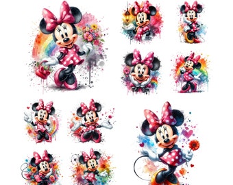 11 PNG Minnie Mouse Watercolor Digital design PNG,High Resolution,Instant Digital PNG Download,Tshirt design,Birthday Png, Stickers, Clipart