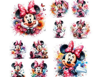 10 PNG Minnie Mouse Farbspritzen PNG-Datei für Sublimation, hohe Auflösung, sofortiger digitaler PNG-Download, Tshirt-Design, Clipart