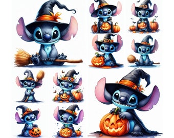 10 PNG Stitch Halloween Watercolor Digital design PNG file for sublimation - High Resolution -Instant Digital PNG Download, Tshirt designs