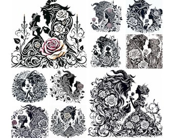 10 imágenes de La Bella y la Bestia (Png), Rosa Encantada (Png), Mandala (Svg), Siluetas (Svg), Camisetas (Png), Imprimibles, Clipart, Descarga Digital