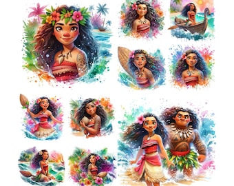 10 PNG Moana Watercolor Digital design PNG file for sublimation, High Resolution, Instant Digital PNG Download, Tshirt designs, Clipart, png