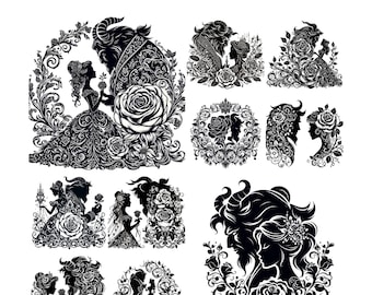 10 imágenes de La Bella y la Bestia (Png), Rosa Encantada (Png), Mandala (Svg), Siluetas (Svg), Camisetas (Png), Imprimibles, Clipart, Diseños de camisetas