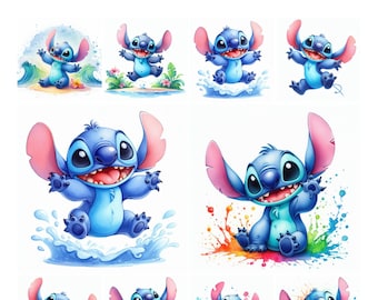 Könnte beinhalten: Eine Sammlung von Aquarellillustrationen mit der Figur Stitch aus Lilo & Stitch. Die Bilder zeigen Stitch in verschiedenen Posen, darunter planschend im Wasser, springend und sitzend, mit leuchtenden Farben und verspielten Ausdrücken.