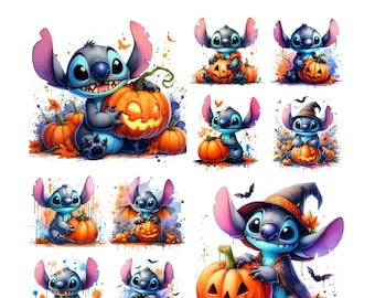 10 PNG Stitch Halloween Watercolor Digital design PNG file for sublimation - High Resolution -Instant Digital PNG Download, Halloween Png