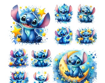 10 PNG Stitch Splash and Watercolor Digital design PNG file for sublimation - High Resolution -Instant Digital PNG Download, Nursery Art Png