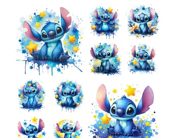 10 PNG Stitch Splash and Watercolor Digital design PNG file for sublimation - High Resolution -Instant Digital PNG Download, Shirt designs