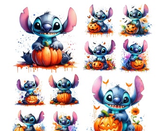 10 PNG Stitch Halloween Watercolor Digital design PNG file for sublimation - High Resolution -Instant Digital PNG Download, Spooky Png