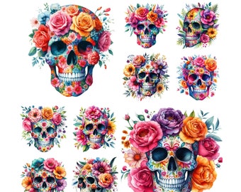 10 Floral Skull clipart bundle, Skull png designs, Floral clipart, Flowers, Moth graphics, Transparent background, Floral Skull Png Bundle