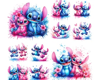 10 PNG Stitch and Pink Stitch Watercolor Digital design PNG file for sublimation,High Resolution,Instant Digital PNG Download, Stitch Png